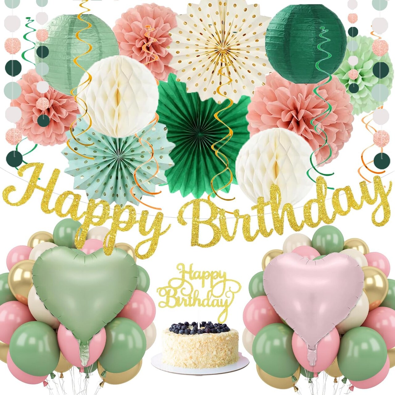 62pcs Happy Birthday Banner(Pink Green Gold)9.72 x 7.72 x 1.85 inches